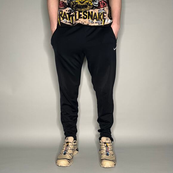 Vintage 90s Nike Sweatpants Mens M Black Grey Swoosh Zippers Polyester Joggers - Picture 2 of 4